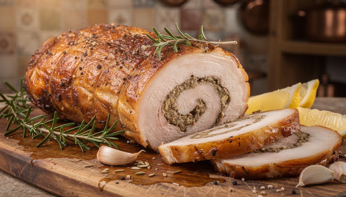découvrez la recette authentique de la porchetta italienne, un rôti de porc farci aux herbes et épices, parfait pour un repas savoureux et convivial.
