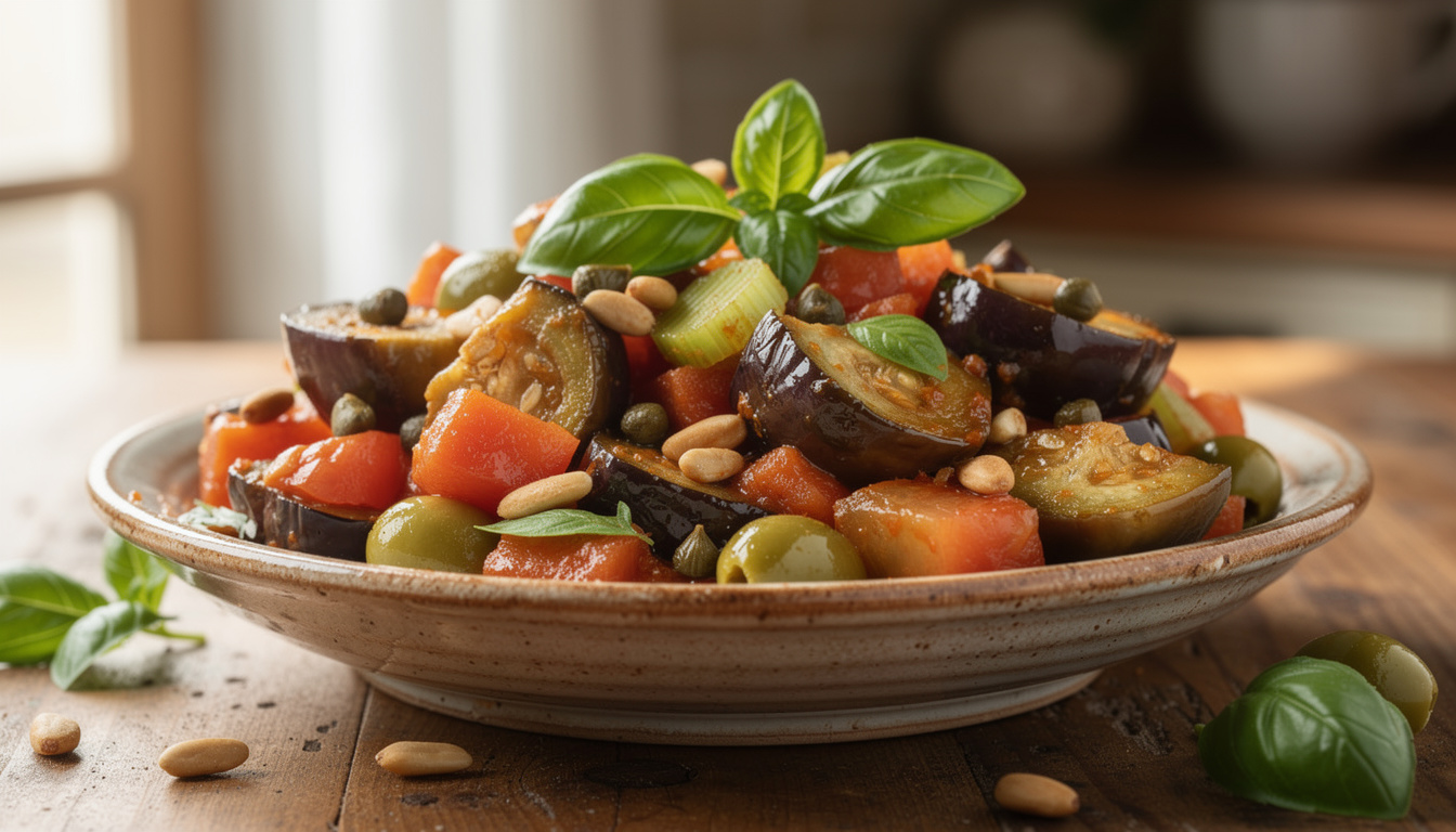 découvrez la recette traditionnelle de la caponata sicilienne, un savoureux mélange aigre-doux d'aubergines et légumes méditerranéens, parfait pour un repas authentique et gourmand.