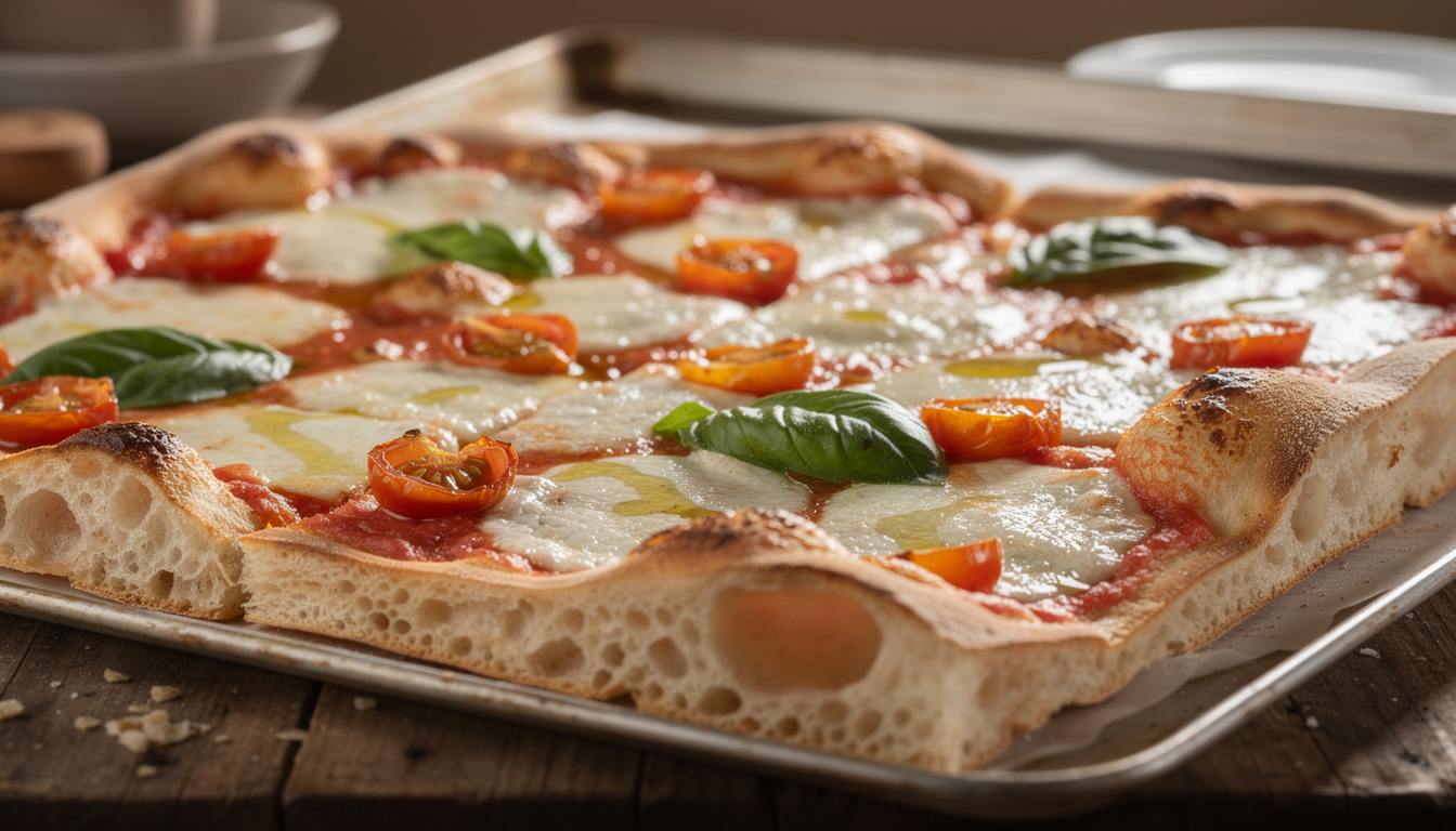 découvrez la pizza al taglio, la pizza à la coupe typique de rome, idéale pour déguster une part savoureuse et croustillante à tout moment.
