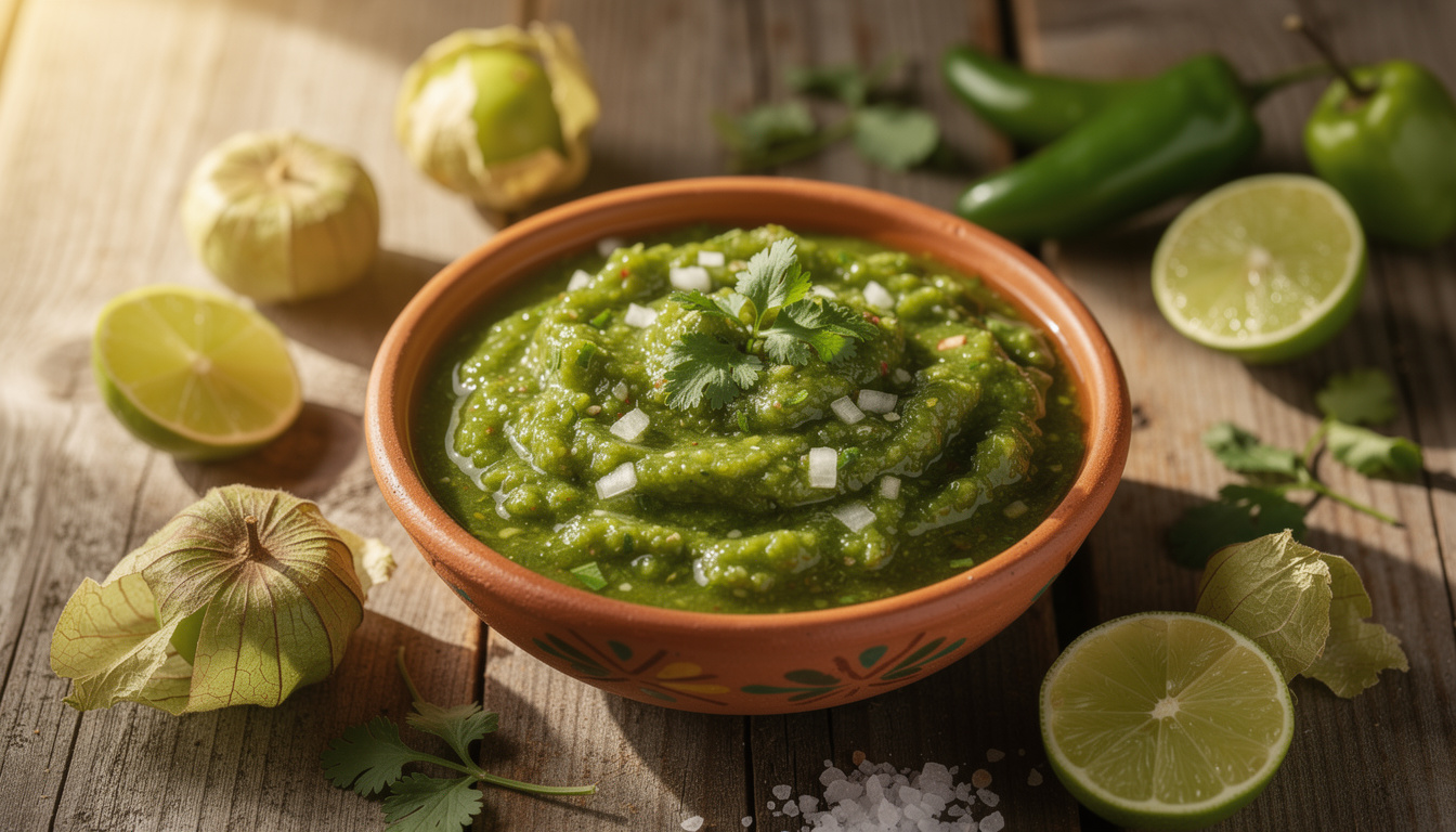 découvrez la salsa verde, la sauce mexicaine traditionnelle à base de tomatillo, parfaite pour relever vos plats avec une saveur fraîche et acidulée.