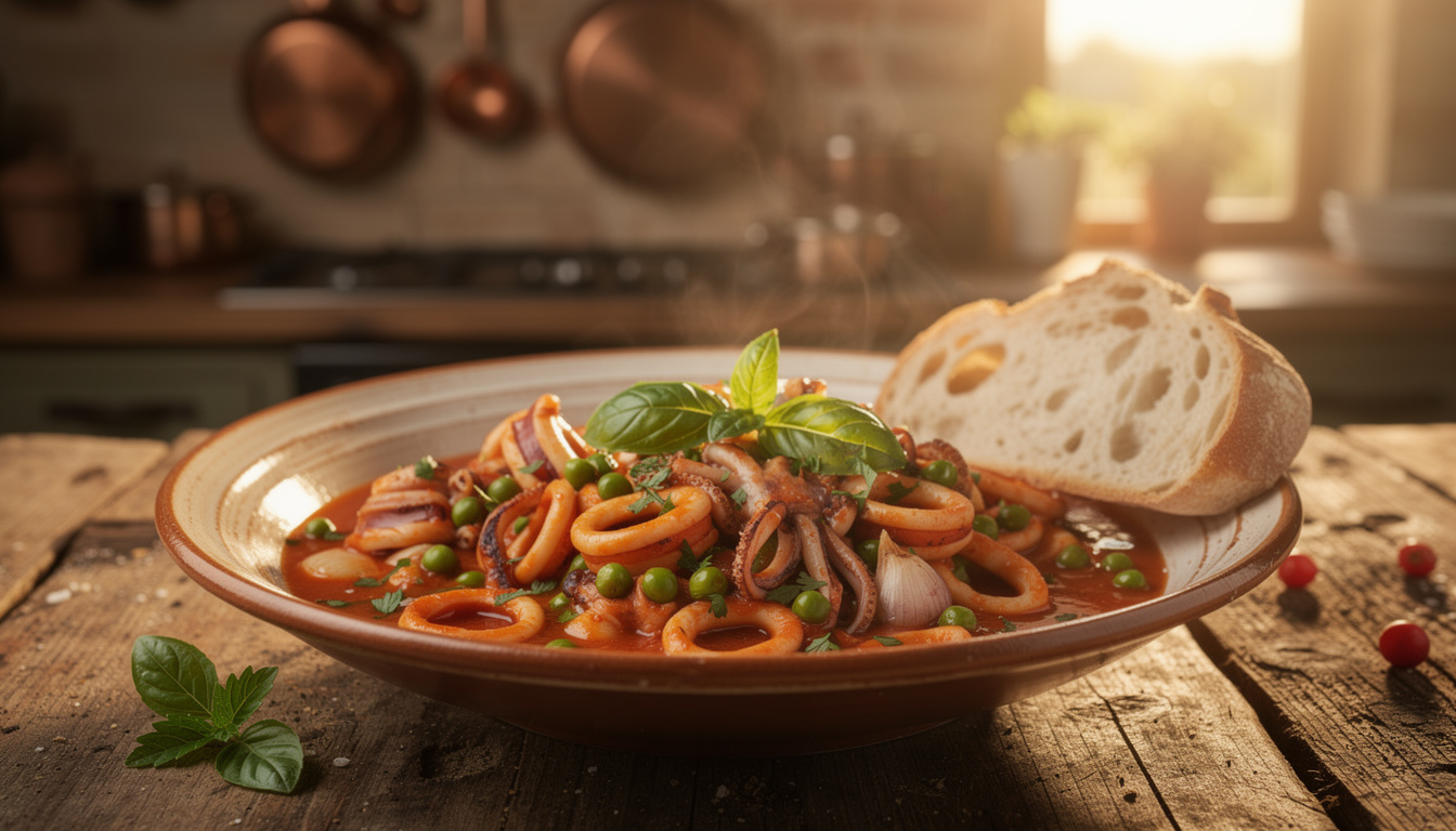 découvrez la recette des seiches à l'italienne : un délicieux seppie in umido mijoté aux petits pois, alliant saveurs méditerranéennes et douceur des légumes frais.