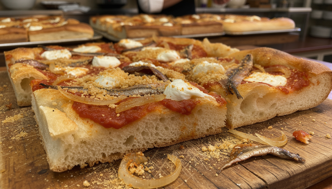 découvrez le sfincione, la pizza sicilienne traditionnelle de palerme, caractérisée par sa pâte épaisse et moelleuse garnie de tomates, oignons et fromages locaux.