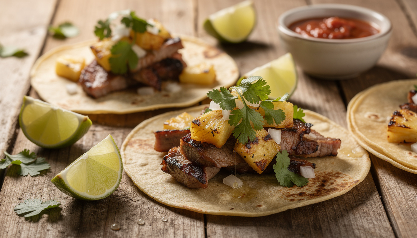 découvrez la recette authentique des tacos al pastor, un délicieux plat mexicain à base de porc mariné à l'ananas, idéal pour un repas savoureux et convivial.
