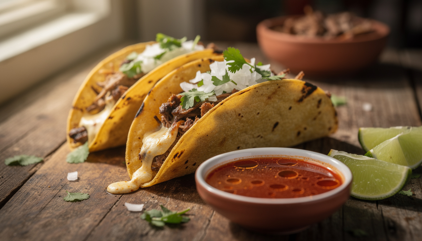 découvrez les délicieuses tacos de birria, des tacos traditionnels mexicains trempés dans un savoureux consommé pour une explosion de saveurs authentiques.