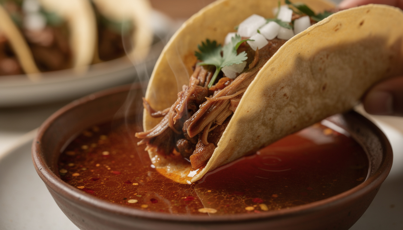 découvrez les tacos de birria, ces délices mexicains trempés dans un consommé savoureux pour une explosion de saveurs authentiques.