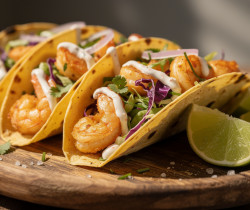 découvrez nos délicieux tacos de camarón, des tacos croustillants garnis de crevettes panées savoureuses, parfaits pour un repas gourmand et exotique.