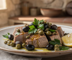 découvrez la recette savoureuse du thon à la sicilienne, préparé avec des câpres et des olives pour une explosion de saveurs méditerranéennes.