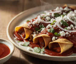 découvrez nos enchiladas rojas, des tortillas roulées généreusement nappées d'une sauce chili savoureuse, pour un goût authentique du mexique.