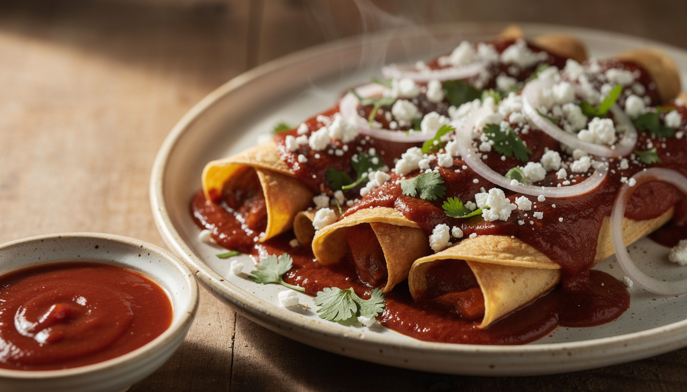 découvrez nos enchiladas rojas, des tortillas roulées généreusement nappées d'une sauce chili savoureuse, pour un goût authentique du mexique.