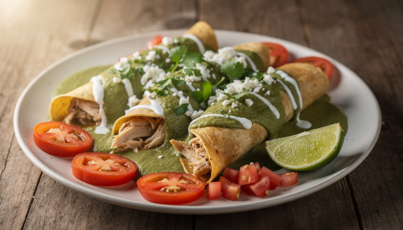 découvrez la recette authentique des enchiladas verdes, des enchiladas savoureuses nappées d'une délicieuse sauce tomatillo acidulée, parfaites pour un repas mexicain plein de saveurs.