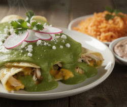 découvrez la recette des enchiladas verdes, de savoureuses enchiladas nappées d'une sauce tomatillo fraîche et acidulée, pour un plat mexicain authentique et délicieux.