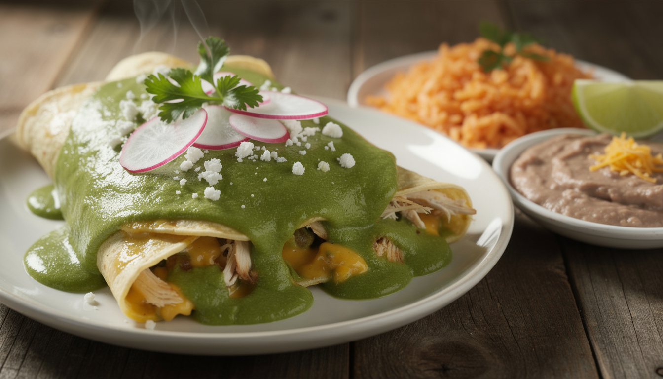 découvrez la recette des enchiladas verdes, de savoureuses enchiladas nappées d'une sauce tomatillo fraîche et acidulée, pour un plat mexicain authentique et délicieux.