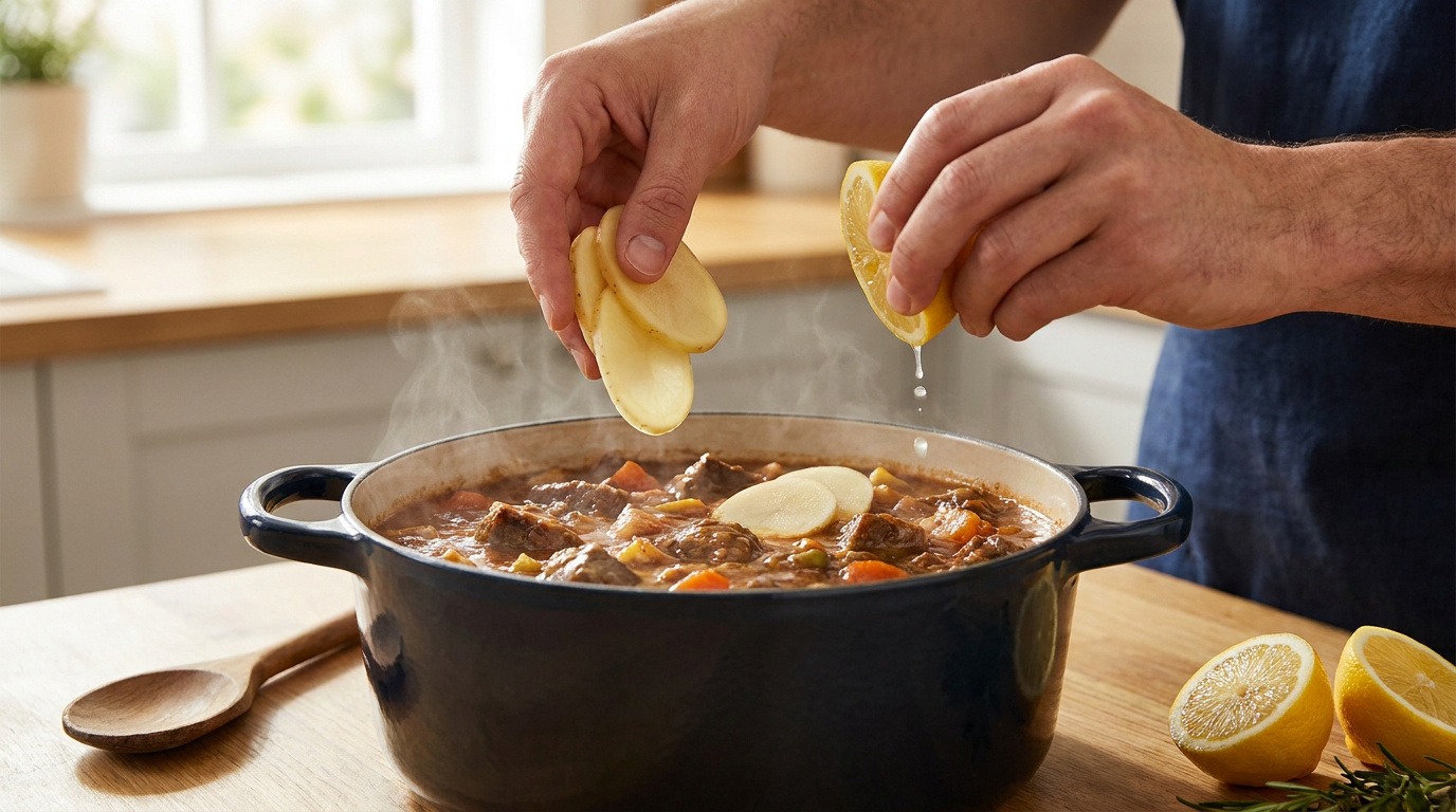 Un cuisinier ajoute des rondelles de pomme de terre et presse du citron dans une cocotte fumante pour réduire le sel.