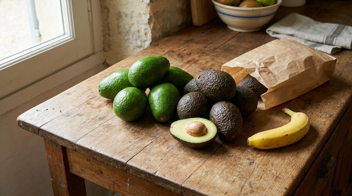 Avocats verts et mûrs, un sac en papier et une banane sur une table en bois rustique.