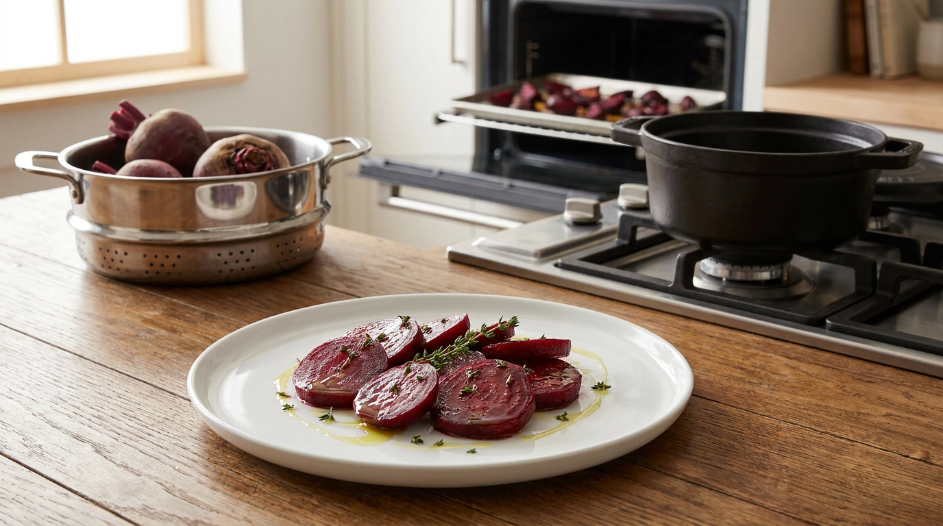 Assiette de rondelles de betteraves rôties avec du thym sur une table en bois, devant une cuisine équipée.