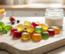 Assortiment de bonbons gélifiés colorés faits maison sur une planche en bois avec des fruits frais.