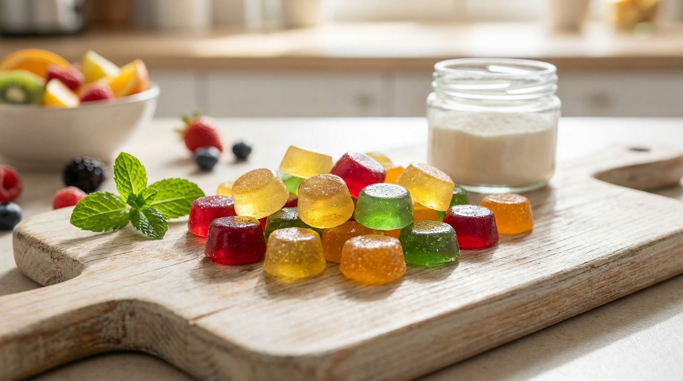 Assortiment de bonbons gélifiés colorés faits maison sur une planche en bois avec des fruits frais.