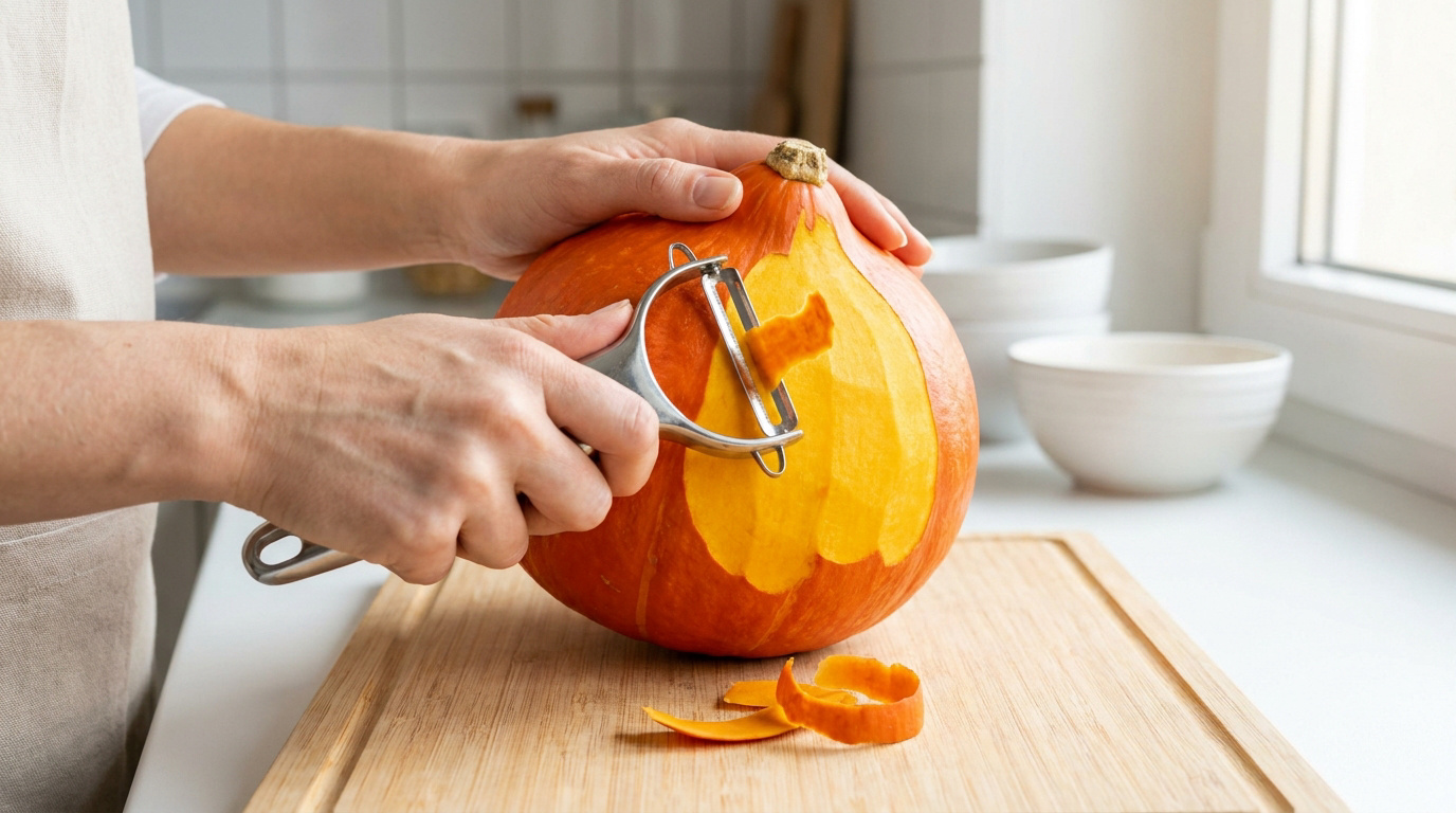 Mains épluchant un potiron orange vif avec un économe sur une planche à découper en bois dans une cuisine claire.
