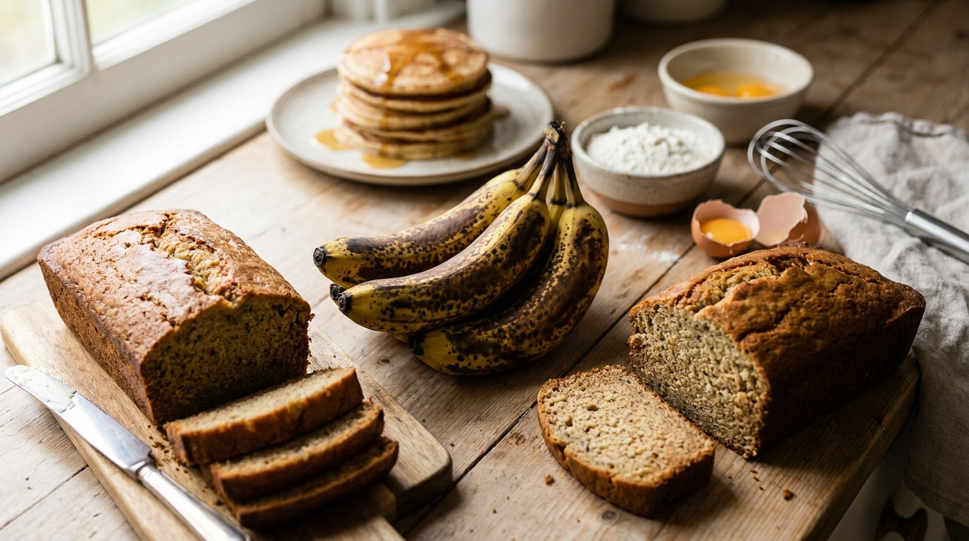 Bananes mûres posées sur une table en bois avec du pain à la banane et des pancakes, accompagnés d'ingrédients de cuisine.