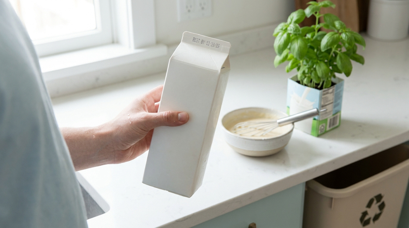 Une personne tenant une brique de lait vierge dans une cuisine lumineuse avec un bol de préparation et du basilic.