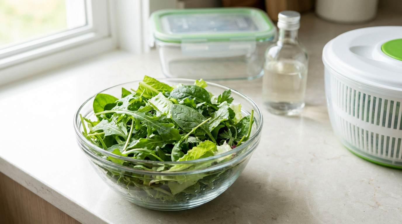 Bol de salade fraîche posé sur un comptoir de cuisine avec une essoreuse à salade et une boîte de conservation en arrière.