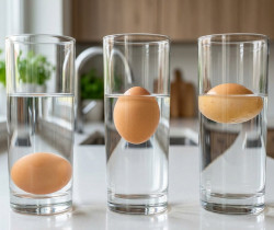 Trois verres d'eau avec des œufs à différents niveaux pour illustrer le test de fraîcheur.