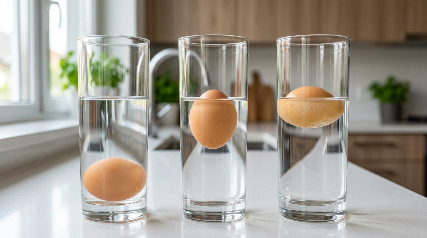 Trois verres d'eau avec des œufs à différents niveaux pour illustrer le test de fraîcheur.