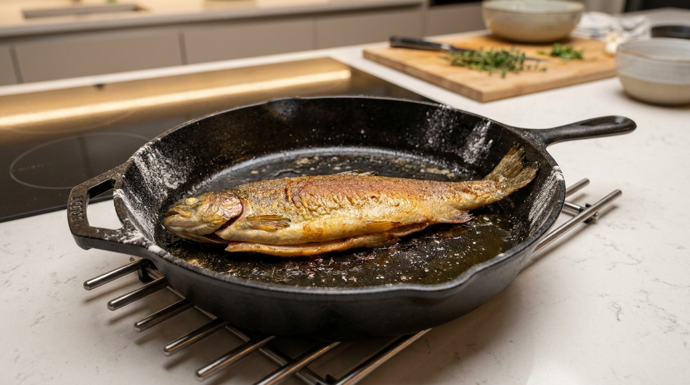 Une truite entière dorée cuite dans une poêle en fonte noire posée sur une grille de cuisine en inox.